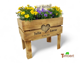 Aiuola rialzata personalizzata con ritaglio a forma di cuore • Regalo di nozze e anniversario in stile boho • Regalo in denaro in legno • Fioriera, giardino delle erbe aromatiche, vaso per piante