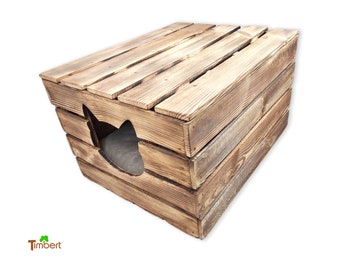 RUSTIC CAT CAVE vintage chest made of wood fruit box boho cat basket with lid cozy cat box animal bed cushion gift cat