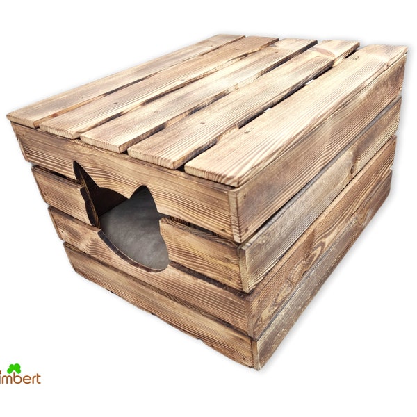RUSTIC CAT CAVE vintage chest made of wood fruit box boho cat basket with lid cozy cat box animal bed cushion gift cat