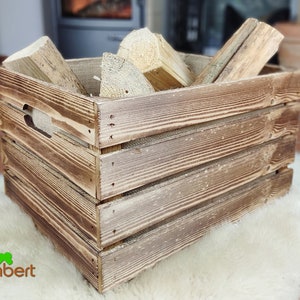 Rustic FIREWOOD BOX Firewood basket Firewood carrier Vintage box for firewood Sustainable storage Log wood All-purpose basket with jute