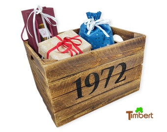Rustic wooden box with vintage engraving vintage gift box wooden basket box birth year gift basket birthday anniversary 1972 1979 2024