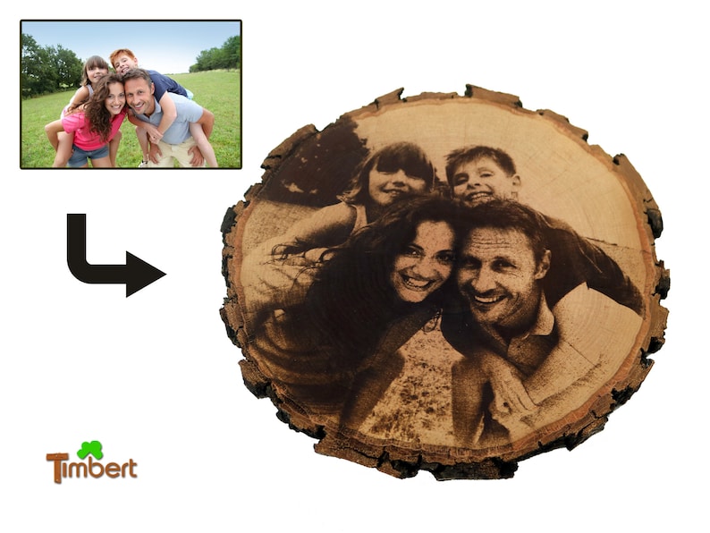 May include: A family portrait engraved on a round wooden slice. The image shows a family of four, a man, a woman, and two children, smiling and looking at the camera.