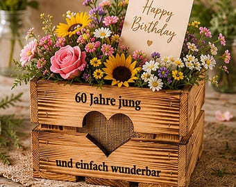 CADEAU D'ANNIVERSAIRE « 60 ans de jeunesse » • BOÎTE À FLEURS EN BOIS • Pot de fleurs pour maman/grand-mère • Idée cadeau pour les 40e, 50e, 60e, 70e, 80e et 90e anniversaires
