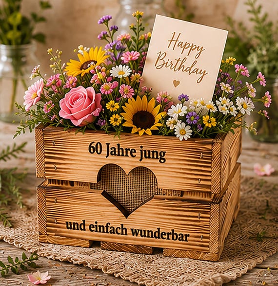 GEBURTSTAGSGESCHENK "60 Jahre jung" • BLUMENKISTE aus HOLZ • Pflanzkiste Mama / Oma • Geschenkidee zum 40. 50. 60. 70. 80. 90. Geburtstag