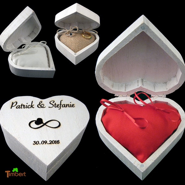 RINGBOX wooden heart ring cushion with GRAVUR wedding casket ring box in white for wedding rings wooden box heart shape engraved Personalized