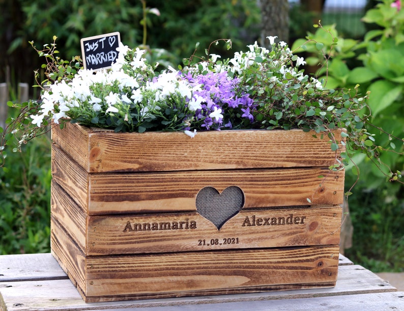 Rustic GIFT BOX RAISED BED Wedding Wine Box Vintage Wedding Gift Made of Wood PERSONALIZED Wooden Anniversary BoHo Cash Gift image 2