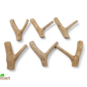SET OF 6 WALL HOOKS MADE FROM KNOT WOOD Natural Coat Hooks Towel Holder Rustic &quot;Y&quot; Hooks Sustainable Wooden Hooks Coat Hooks Wood Gift