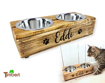 Gamelle en bois personnalisée • Station d'alimentation avec gamelles en acier inoxydable • Cadeaux en bois pour chats et chiens • Gamelle rustique pour nourriture et eau