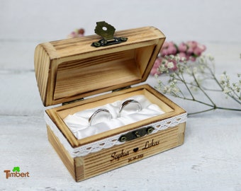 RING BOX made of WOOD Treasure Chest Vintage Ring Pillow Treasure Chest + ENGRAVING Rustic Wedding Engagement Ring Box Personalized Ring Box