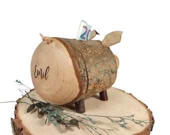 Tirelire personnalisée en bois de tronc d'arbre • Coffre-fort en bois • Cadeau de naissance • Cadeau d'anniversaire pour enfant • Tirelire en bois