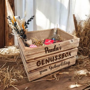 GENUSSBOX Gourmet Box Gift Box for BIRTHDAY Personalizable Wooden Box Rustic Farmer&#39;s Box DIY Gift Packaging Wood Straw
