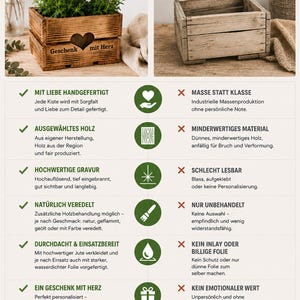 May include: A comparison infographic featuring a personalized wooden crate with a heart cutout and the text 'Geschenk mit Herz' filled with flowers, contrasted against a plain, unadorned wooden crate, listing six quality differences in German.