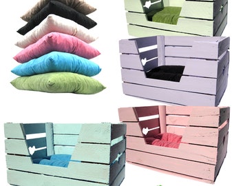 CAT BASKET / DOG BASKET made from a fruit crate Cat cushion Sleeping place made of wood for cat / dog Animal bed Colorful wooden box pastel colored Shabby