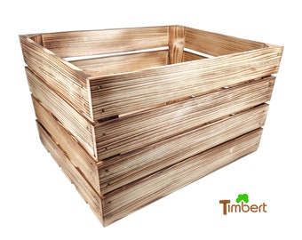 May include: A natural wood crate with a distressed finish. The crate has four sides and a rectangular shape. The crate is made of wood planks and has a rustic look.