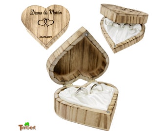 Personalized wooden ring box with engraving • Rustic heart-shaped ring box • Boho wedding ring box for wedding rings • with satin ring cushion