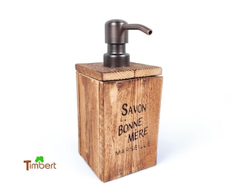 Rustic Soap Dispenser with Vintage Branding Solid Wood French Kitchen Bathroom Accessory Decorative Soap Container Gift Housewarming Savon