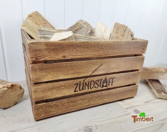 Rustikale KAMINHOLZKISTE "Zündstoff" Kaminholzkorb Brennholzträger Vintage PERSONALISIERTE Kiste Kaminkorb Feuerholz Holz Aufbewahrung Jute