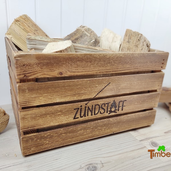 Rustikale KAMINHOLZKISTE "Zündstoff" Kaminholzkorb Brennholzträger Vintage PERSONALISIERTE Kiste Kaminkorb Feuerholz Holz Aufbewahrung Jute