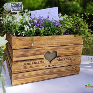 Rustikale GESCHENKEKISTE mit Namen HOCHBEET zur Hochzeit Vintage Hochzeitsgeschenk aus Holz Hölzerne Jahrestag BoHo Mini-Garten Geldgeschenk
