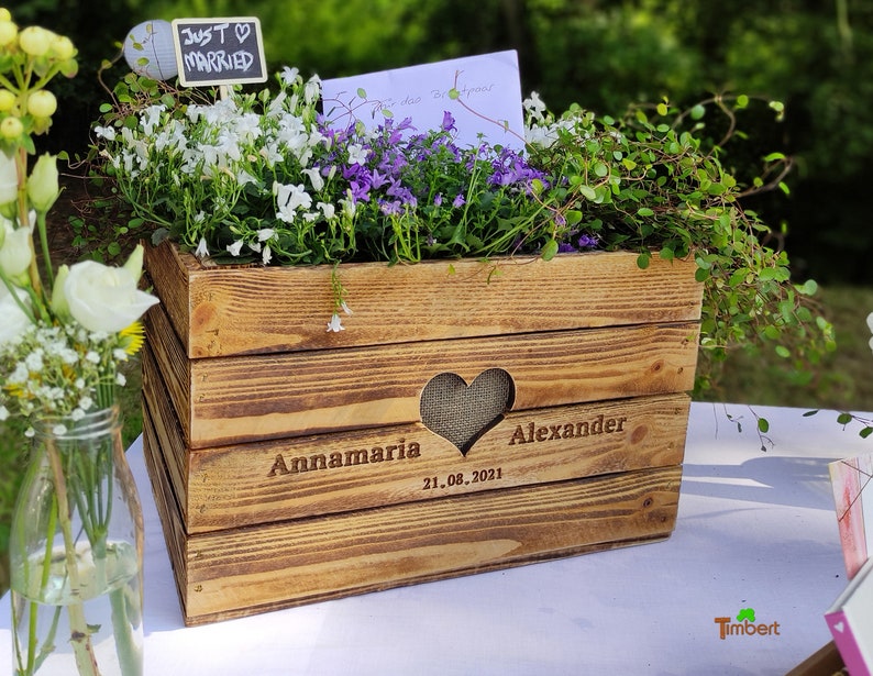 Rustic GIFT BOX RAISED BED Wedding Wine Box Vintage Wedding Gift Made of Wood PERSONALIZED Wooden Anniversary BoHo Cash Gift image 1