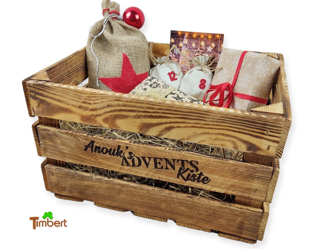 Personalized ADVENT BOX Made of WOOD Rustic Wooden Box With Straw ...