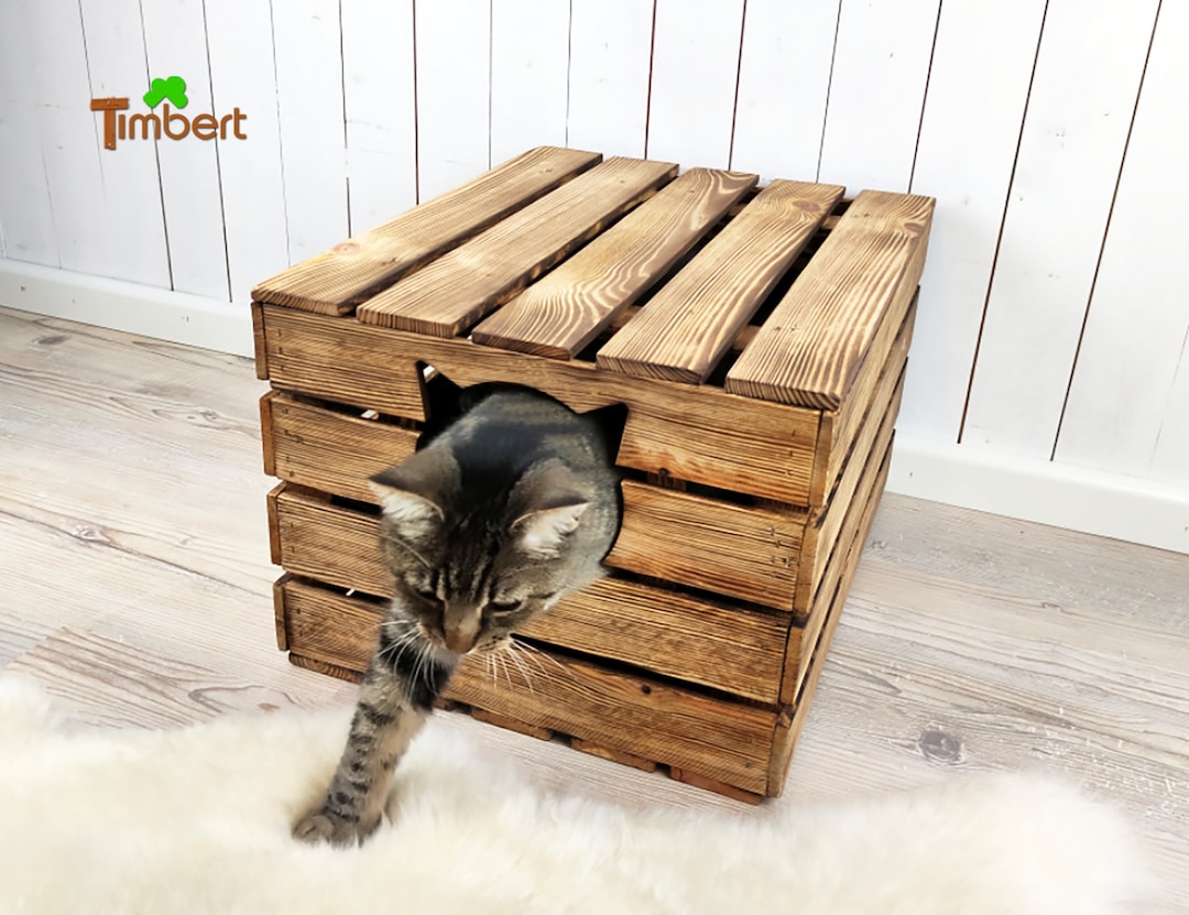RUSTIKALE KATZENTOILETTE mit Deckel Katzenschrank Massivholz Katzenhöhle Holz Kiste Vintage WC Geschenk Truhe Katzenklo für Katze Katzenhaus