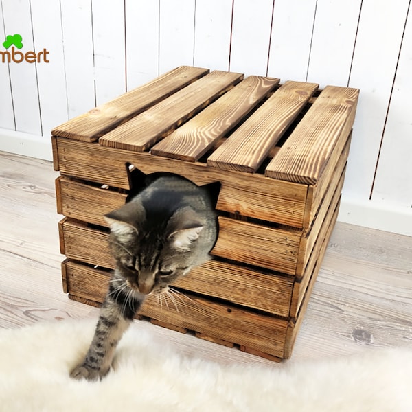 Rustikale KATZENTOILETTE mit Deckel Katzenklo VERSTECK Katzenschrank Vintage Truhe Massivholz Kiste Katzenhaus Katzenhöhle Geschenk Katze WC