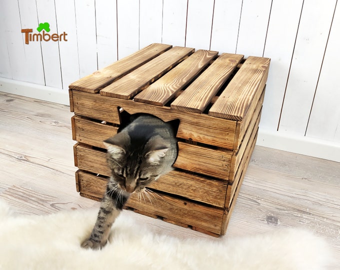 Rustic Cat Litter Box Hideaway • Vintage Wooden Cat Cabinet • Hidden Cat Litter Box • Cat House / Cat Cave in Box with Lid