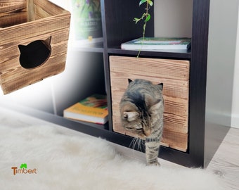 KALLAX solid wood cat cave • Rustic cozy cave in a fruit crate design • Sustainable cat house • Gifts for cat lovers