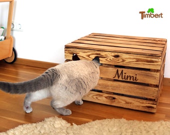 CAT CAVE PERSONALIZED with NAME Vintage Chest Mimi Rustic Wooden Fruit Box Cat Basket with Lid Cat Animal Bed Pillow Gift
