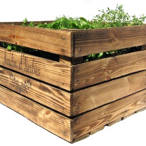 May include: A wooden crate planter with the text "Jardin d'herbes" inscribed on the side. The planter is filled with various herbs, including thyme, parsley, and dill.