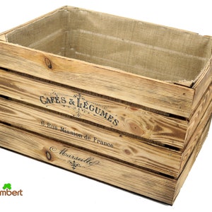 Rustic wooden box with French vintage imprint with jute inlay for storage toy box newspaper box reclaimed wood gift decoration