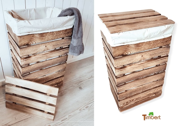 Rustikaler WÄSCHESAMMLER aus HOLZ mit Deckel • Vintage WÄSCHETRUHE mit Baumwoll-Wäschebeutel • Wäschekorb Wäschebox Wäschetonne Plastikfrei