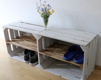 Set of 2 OLD WHITE FRUIT BOXES with intermediate board Vintage Shoe Rack Wooden Box Middle Board Apple Box Shabby Chic Rustic Antique Shelf Trendy