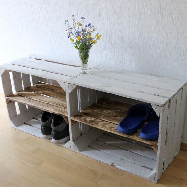 Lot de 2 VIEUX FRUITS BLANCS Caisse avec planche intermédiaire étagère à chaussures vintage boîte en bois planche centrale caisse à pommes shabby chic rustique antique étagère tendance