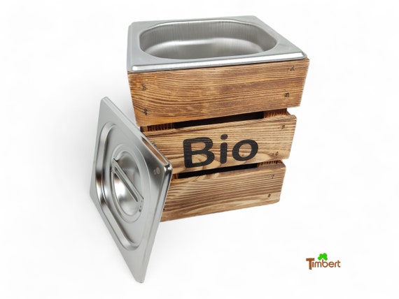 Rustikaler BIOMÜLLEIMER "BIO" aus Holz & Edelstahl KOMPOSTEIMER + Deckel Organische Abfälle Kompost Abfall Behälter Mülleimer Nachhaltig Öko