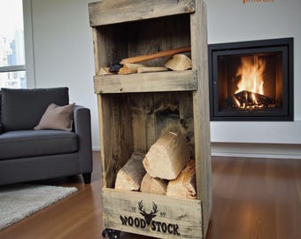Range-bûches rustique à roulettes • Support à bûches en bois massif • Avec étagère intermédiaire • Rangement pour bois de chauffage et bûches • WOODSTOCK