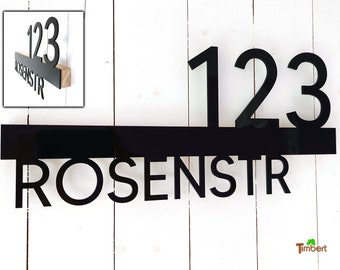 Individuelles TÜRSCHILD mit HAUSNUMMER und Straßennamen aus Acryl und HOLZ Geschenk zum Einzug Haustürschild Adresse Modern Rustikal Fassade