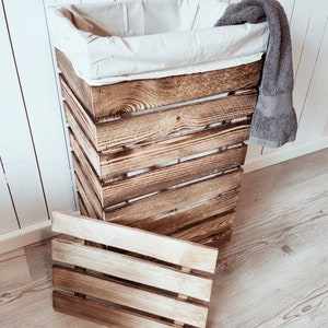 Rustikaler WÄSCHESAMMLER aus HOLZ mit Deckel Vintage WÄSCHETRUHE Wäschekorb Wäschebeutel Baumwolle Wäschebox Wäsche Tonnen Kiste Nachhaltig Bild 2