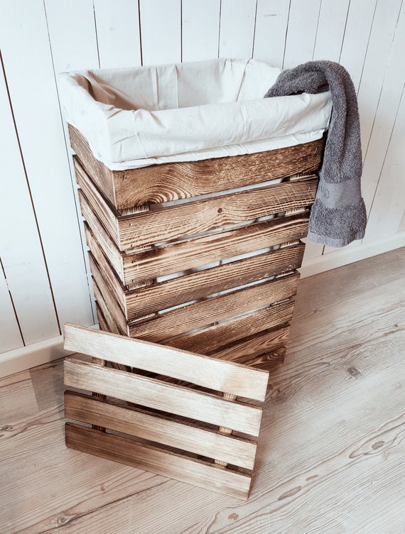 Rustikaler WÄSCHESAMMLER aus HOLZ mit Deckel • Vintage WÄSCHETRUHE mit Baumwoll-Wäschebeutel • Wäschekorb Wäschebox Wäschetonne Plastikfrei