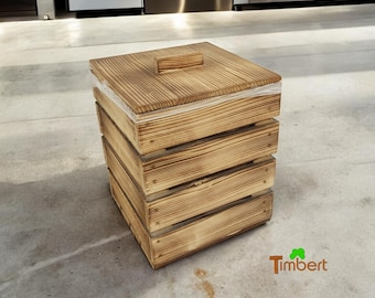 Cubo de basura de madera rústica • Cubo de basura de madera con tapa • Residuos generales, residuos domésticos, cubo de basura de madera • Cubo de basura vintage para cocina u oficina