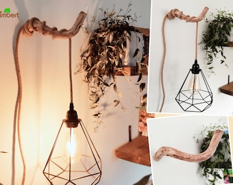 BOHO WALL LAMP Reading light made of branch wood Rustic wild wood lamp Branch hanging light Branch lamp hook Vintage wooden light Natural lighting