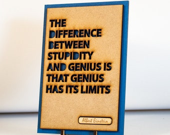 May include: A wooden sign with blue trim features a quote by Albert Einstein: "The difference between stupidity and genius is that genius has its limits."