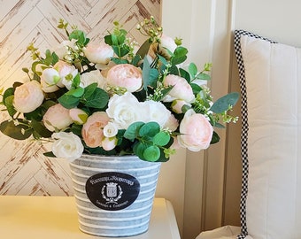 FRENCH Bucket with Pink PEONY/Farmhouse Decor/English Cottage/Rose Centerpiece/French Label/France Country decor/PINK Wedding Table Decor