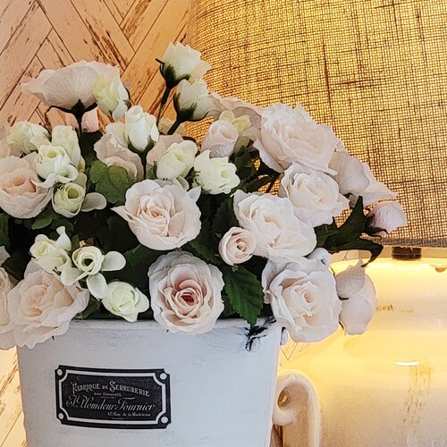 FRENCH COUNTRY shops Bucket with PINK Roses/Wedding Table/Pink Roses Flower Decor/Shabby Chic Decor/English Garden Centerpiece/Galvanized Bucket
