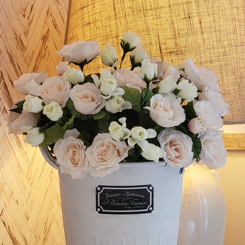 FRENCH COUNTRY shops Bucket with PINK Roses/Wedding Table/Pink Roses Flower Decor/Shabby Chic Decor/English Garden Centerpiece/Galvanized Bucket
