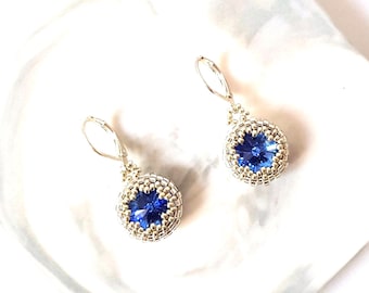 Sapphire Swarovski Crystal Earrings: Miyuki Bead September Birthstone