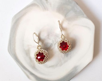 Pendientes Rojo Rubí, Aretes Rojos Rubí, Aretes Piedra Nacimiento Julio, Pendientes Aniversario, Aretes Cristal Rivoli, Aretes Románticos