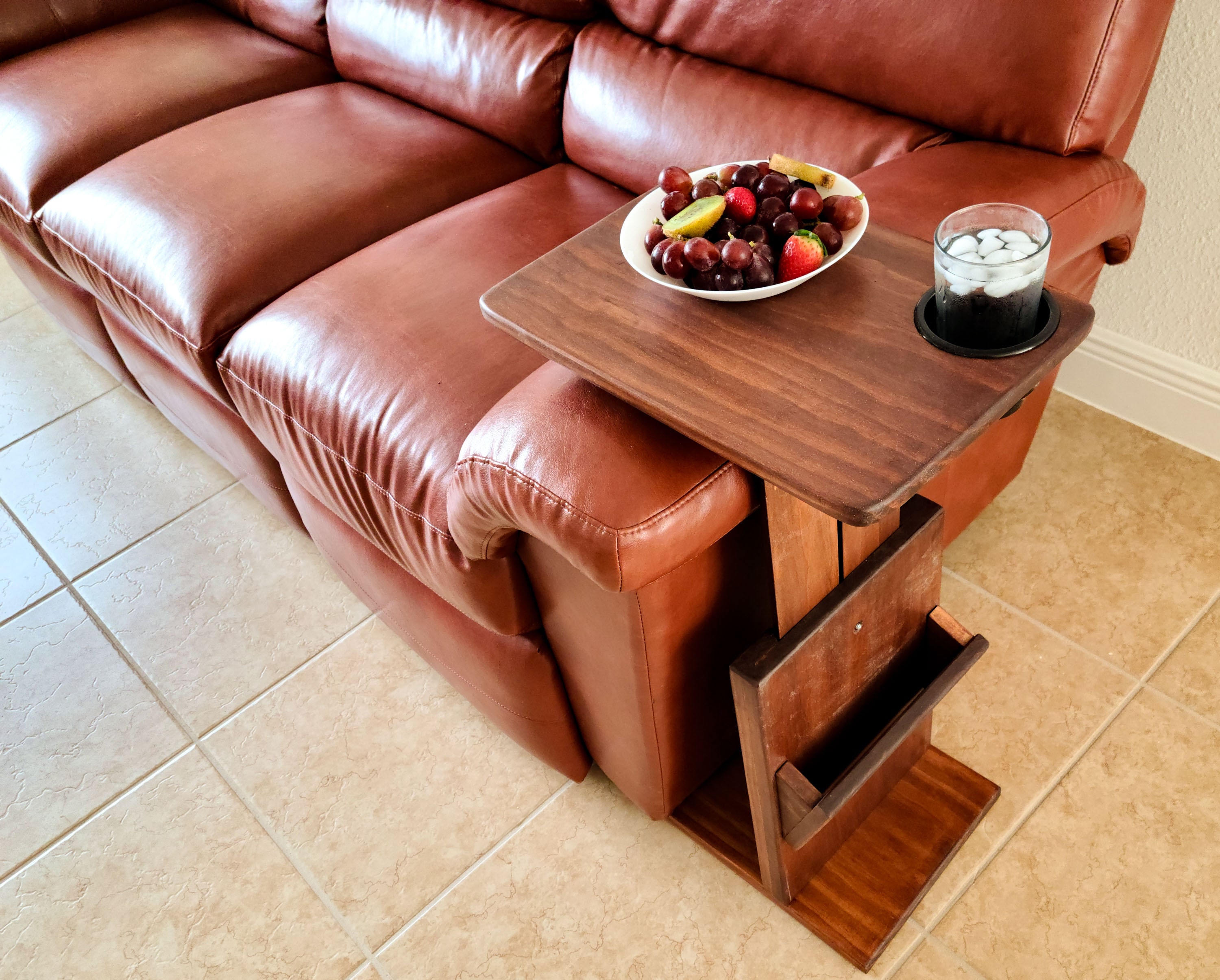 Height Adjustable Over Couch Table (C-TABLE) with TV Remote Storage & Cup  Holder in Mahogany | Space Saver Free Standing Dinner Tray Table