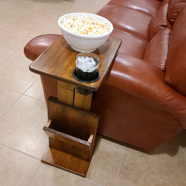 C Table Walnut Finish | Adjustable Height Side Table Space Saver Table with Storage & Recessed Cup Holder | Couch End Table, Couch Arm Table